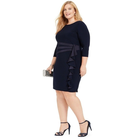 Jessica Howard Navy Ruffled Jewel Neck Sheath Dress Size 14W NWT - Picture 3 of 5